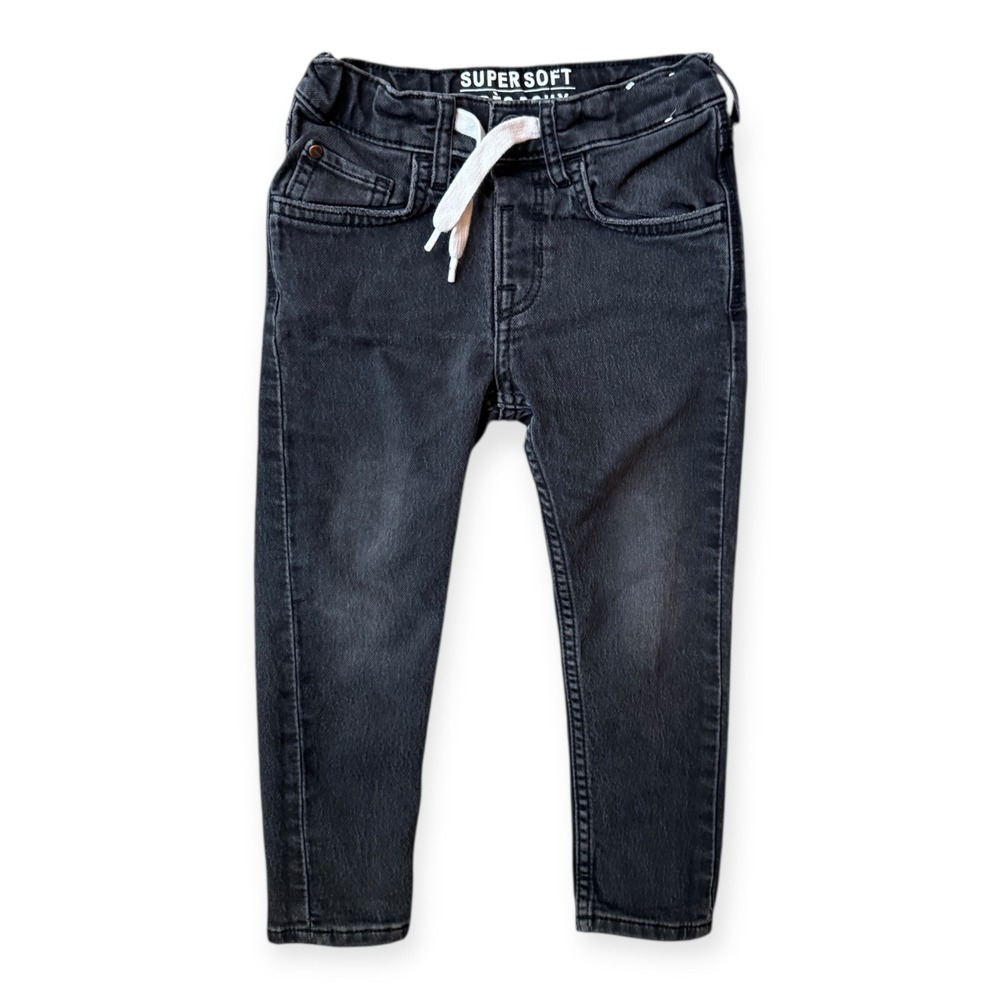 & Denim Kids Denim Jogger Pants Charcoal Gray Elastic Waist Drawstring Size 3-4Y
